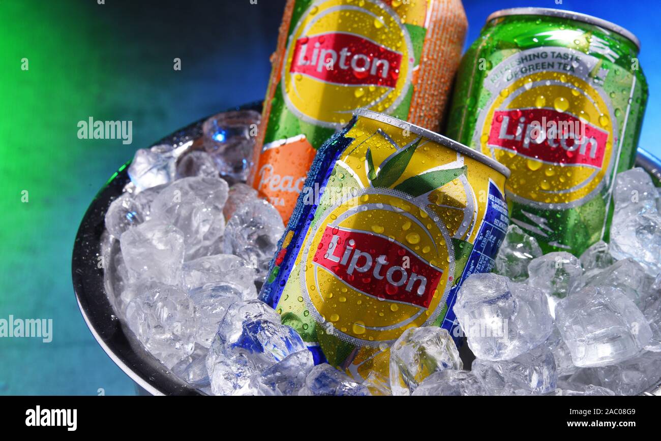 POZNAN, POL OCT 16, 2019 Cans of Lipton Ice Tea, a soft drink brand