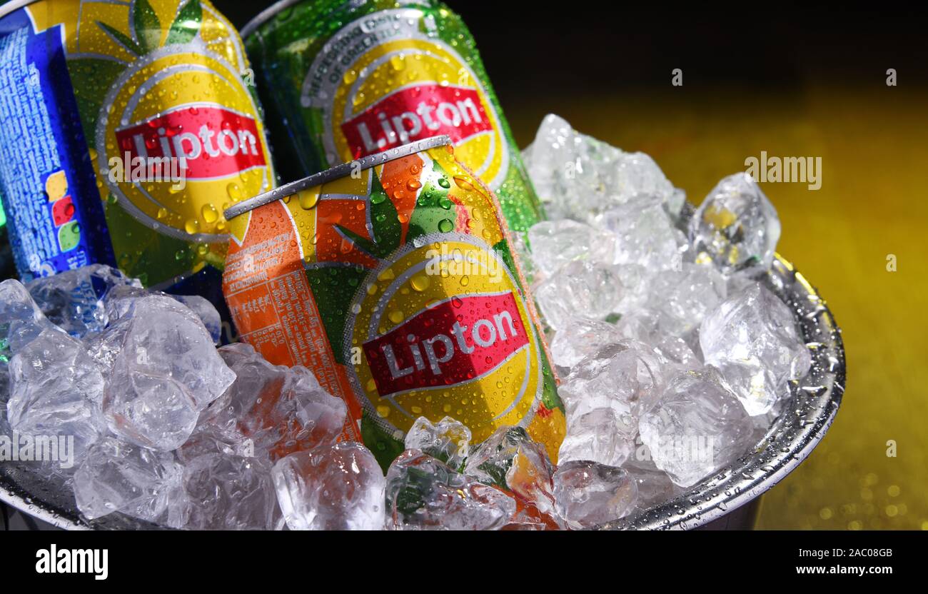 POZNAN, POL OCT 16, 2019 Cans of Lipton Ice Tea, a soft drink brand
