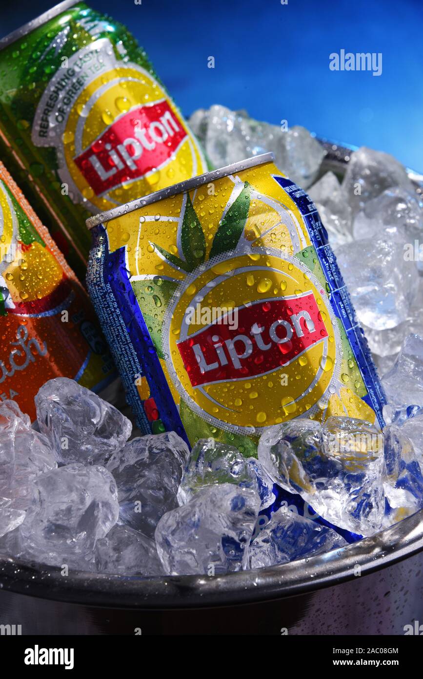POZNAN, POL OCT 16, 2019 Cans of Lipton Ice Tea, a soft drink brand