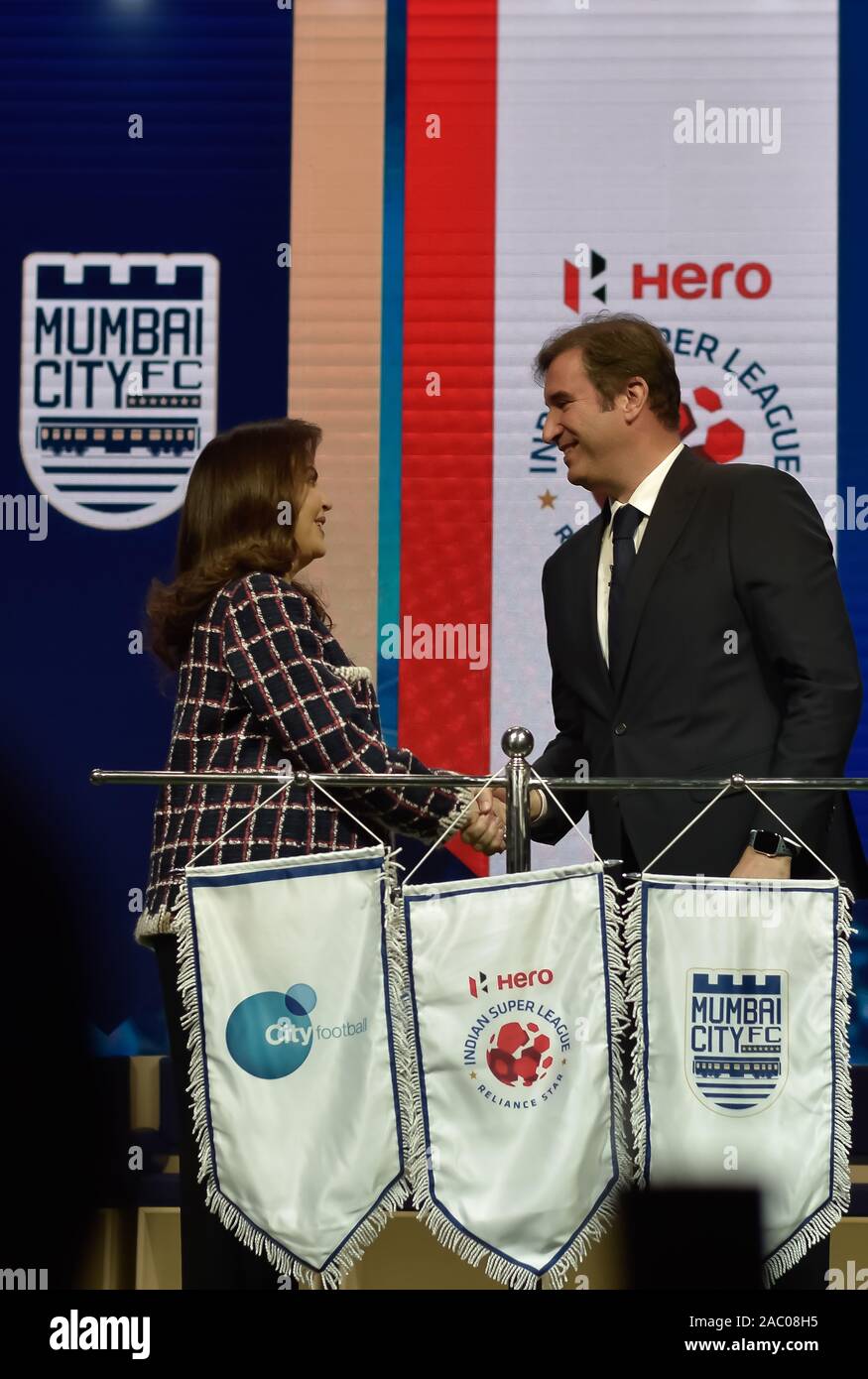 Nita Ambani, Chairperson of Football Sports Development Limited and Reliance Foundation and Ferran Soriano, CFG Chief Executive Officer during an announcement event.Manchester City's parent company City Football Group (CFG) buys majority of the stakes in Mumbai City FC. Stock Photo