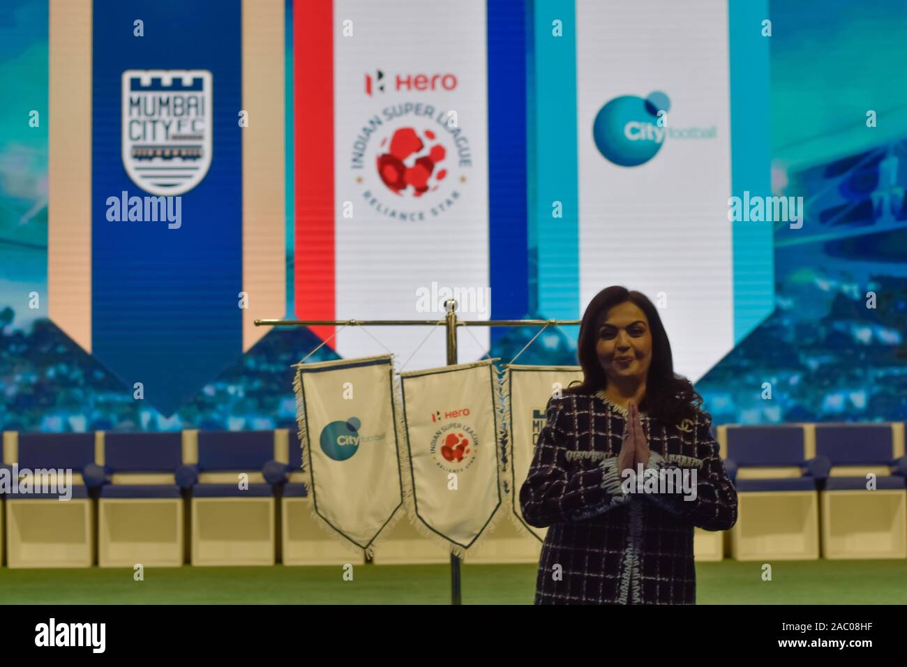 Nita Ambani, Chairperson of Football Sports Development Limited and Reliance Foundation posses for a picture during an announcement event.Manchester City's parent company City Football Group (CFG) buys majority of the stakes in Mumbai City FC. Stock Photo