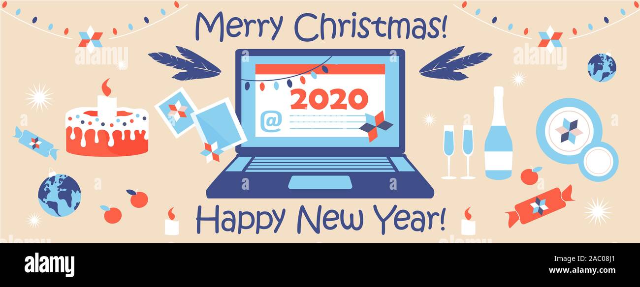 Laptop with Merry Christmas and Happy New Year email card, web page cover. Modern flat design graphic elements. Vector illustration, Xmas set. Stock Photo