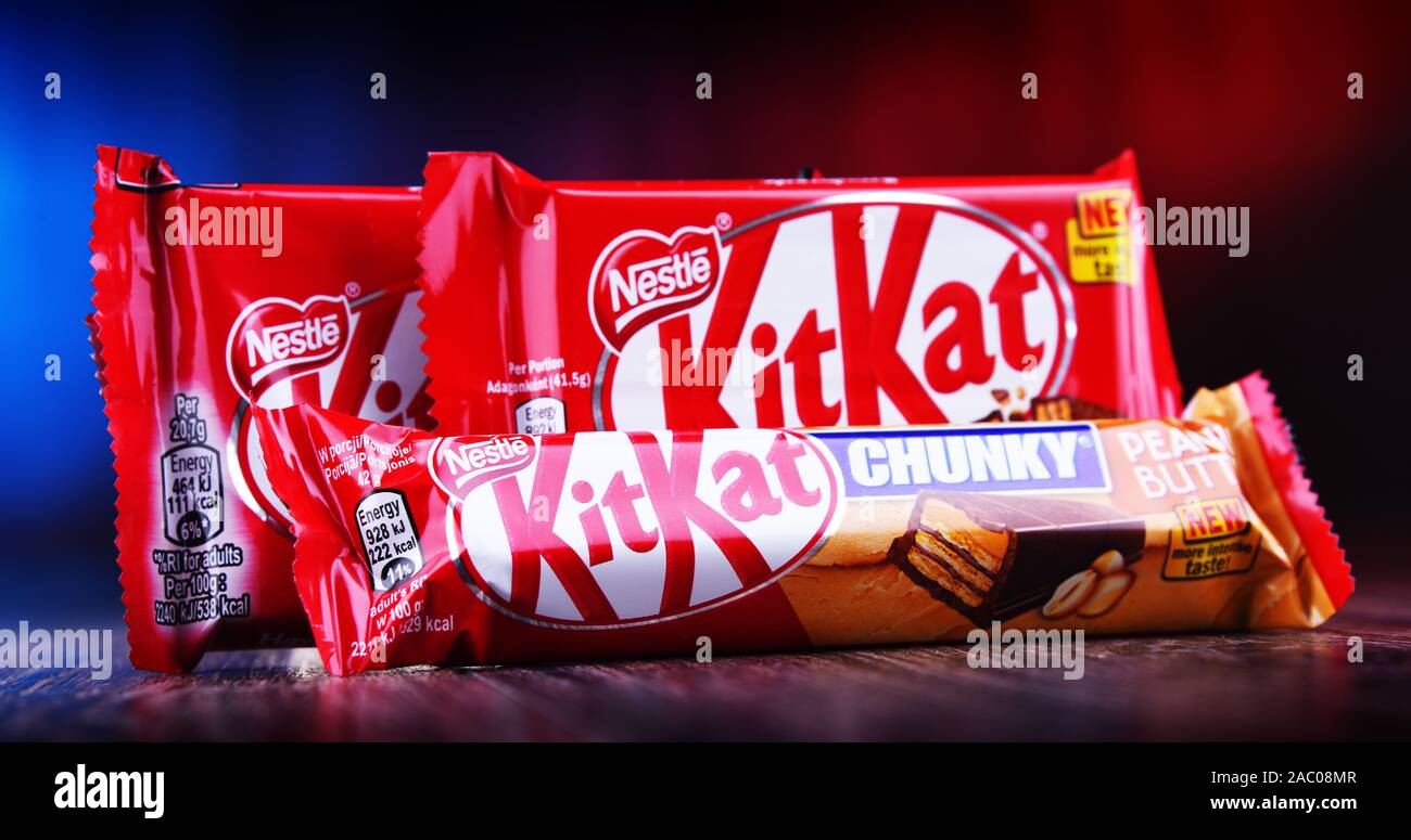 POZNAN, POL - OCT 23, 2019: Chocolate-covered wafer bars of Kit Kat, a ...