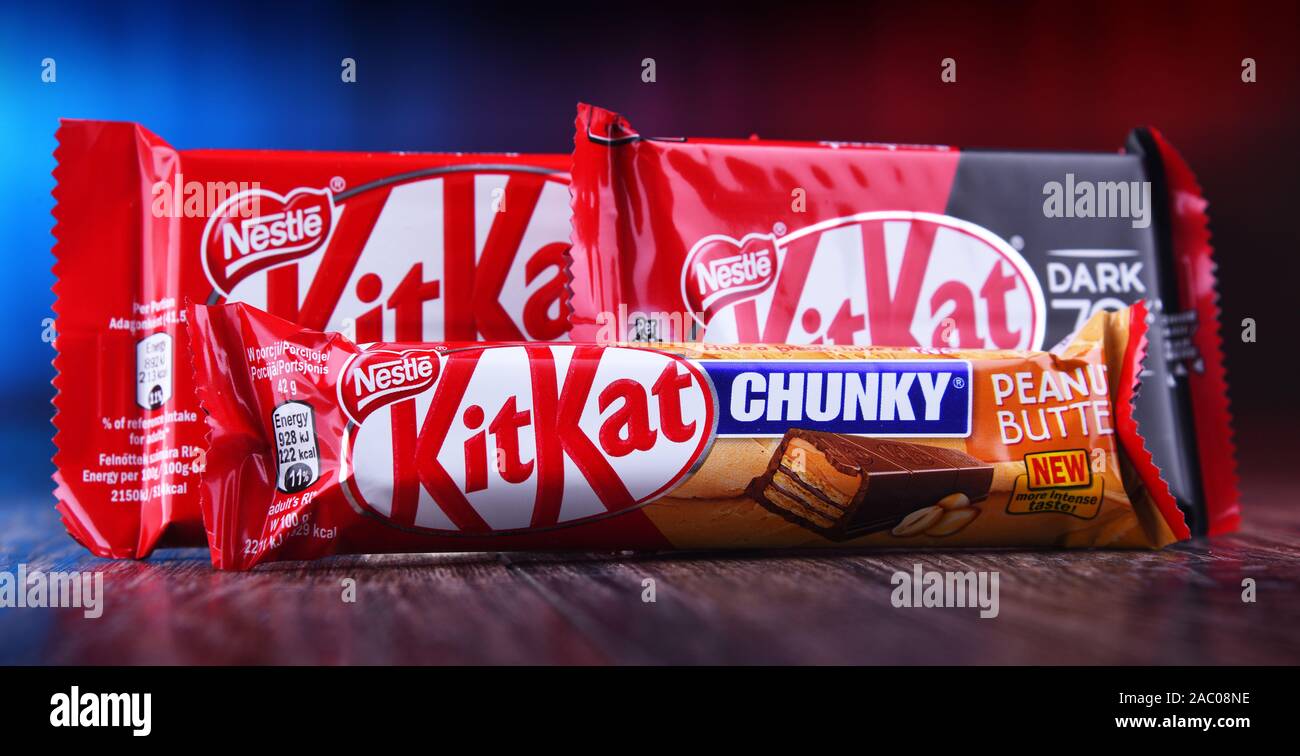 POZNAN, POL - OCT 23, 2019: Chocolate-covered wafer bars of Kit Kat, a ...