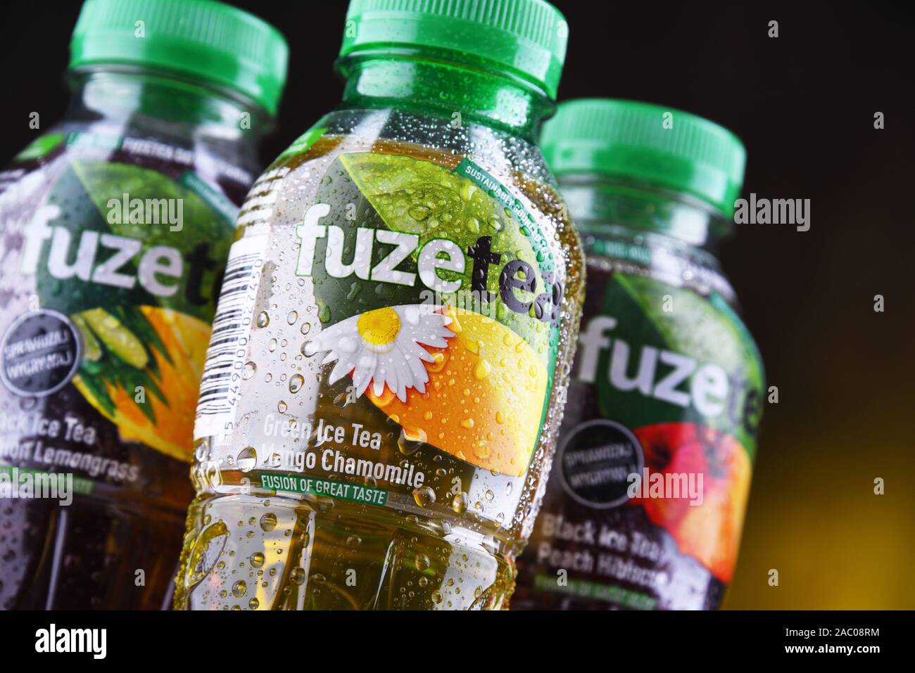 POZNAN, POL - OCT 23, 2019: Plastic bottles of Fuze Ice Tea, a soft drink brand sold by Fuze Beverage belonging to The Coca-Cola Company Stock Photo