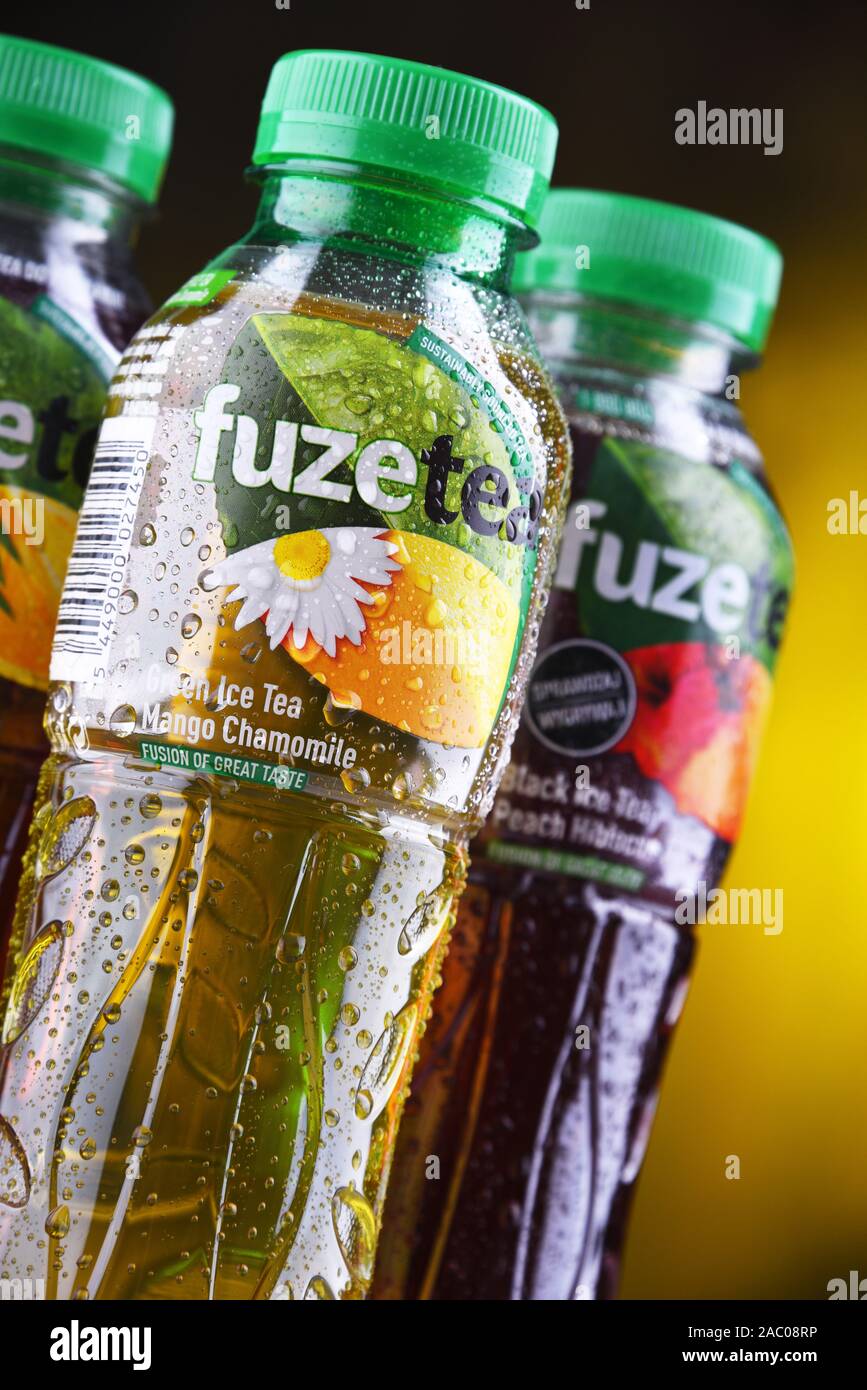 POZNAN, POL - OCT 23, 2019: Plastic bottles of Fuze Ice Tea, a soft drink brand sold by Fuze Beverage belonging to The Coca-Cola Company Stock Photo
