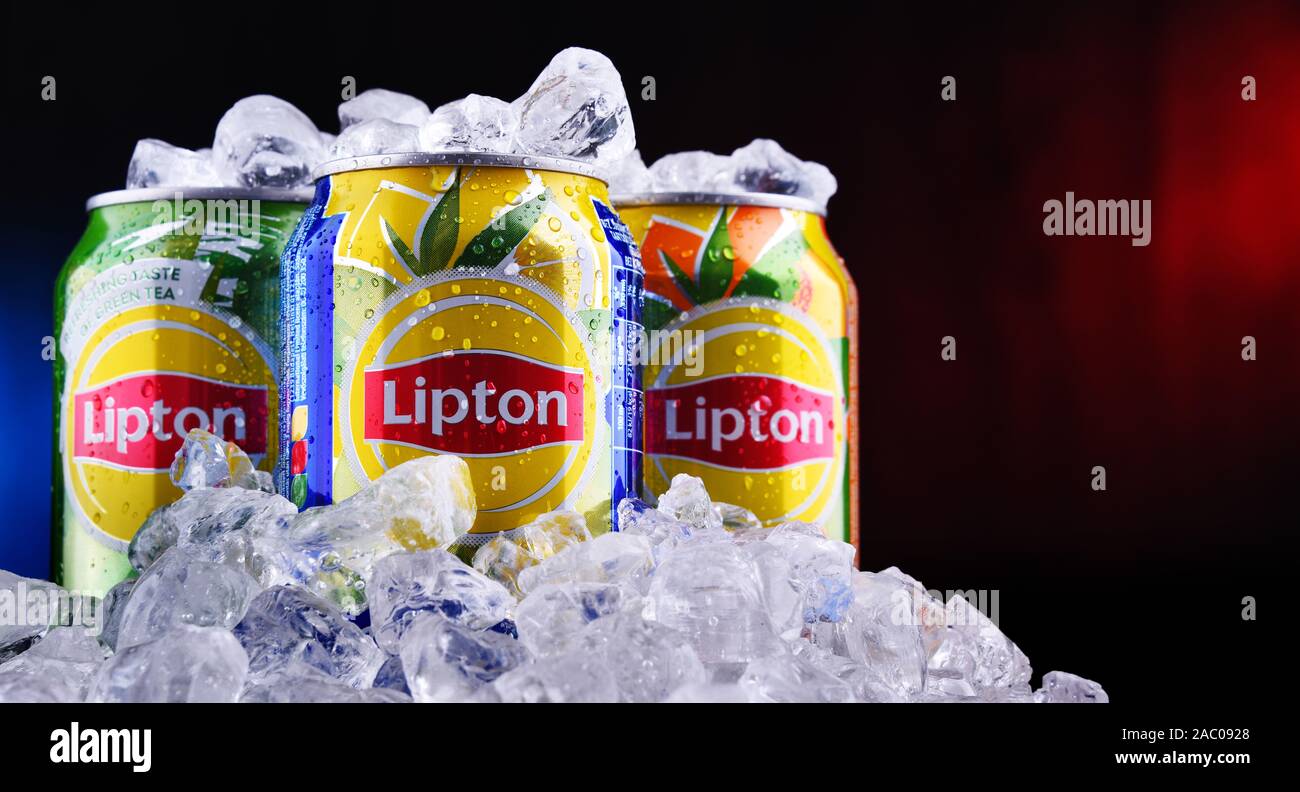 POZNAN, POL OCT 23, 2019 Cans of Lipton Ice Tea, a soft drink brand