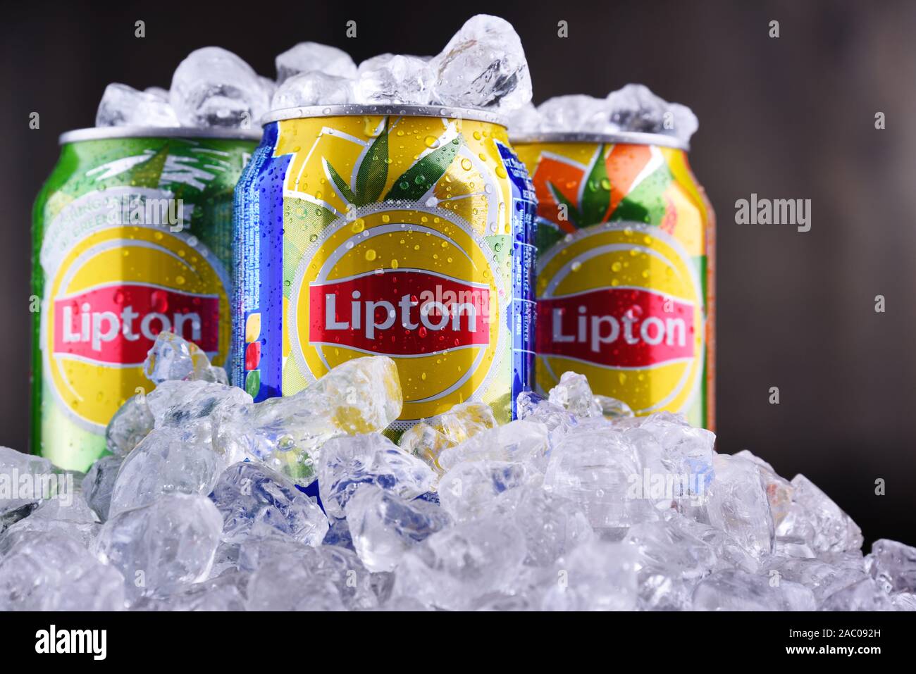 POZNAN, POL OCT 23, 2019 Cans of Lipton Ice Tea, a soft drink brand