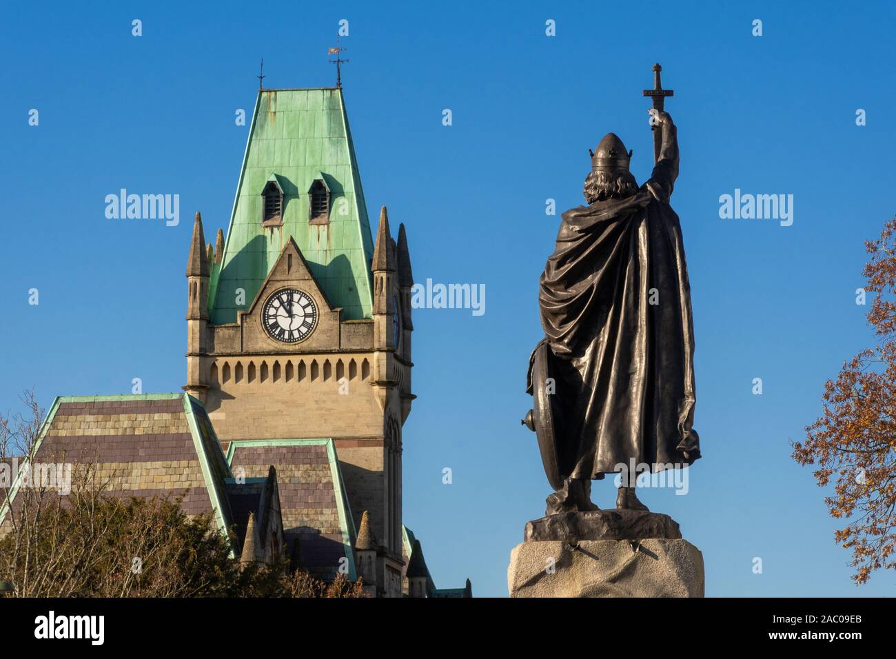 Winchester Guildhall and King Alfred statue in the city centre, Hampshire, UK Stock Photo