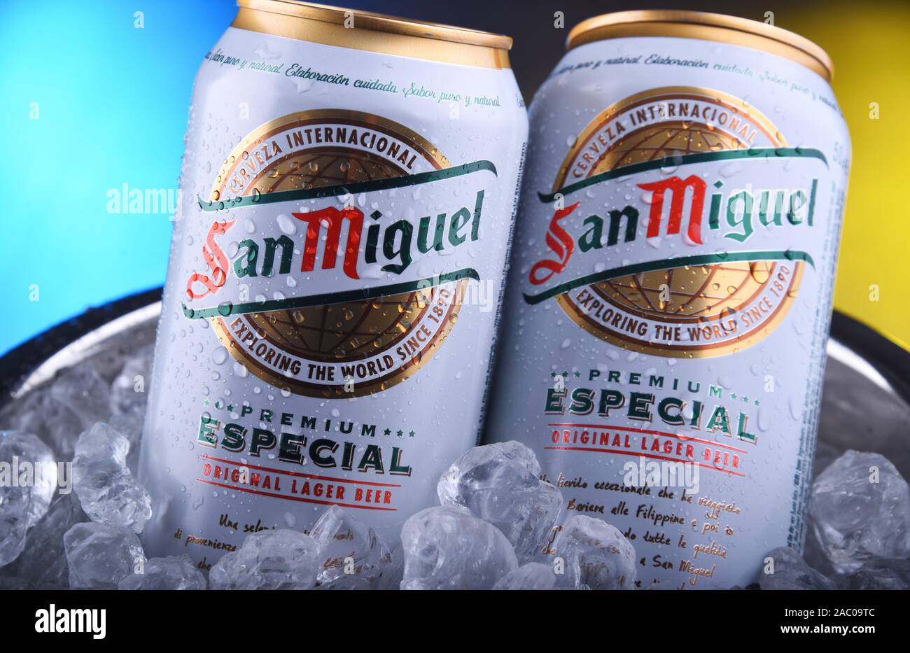 POZNAN, POL - NOV 8, 2019: Cans of San Miguel Beer, a Filipino 