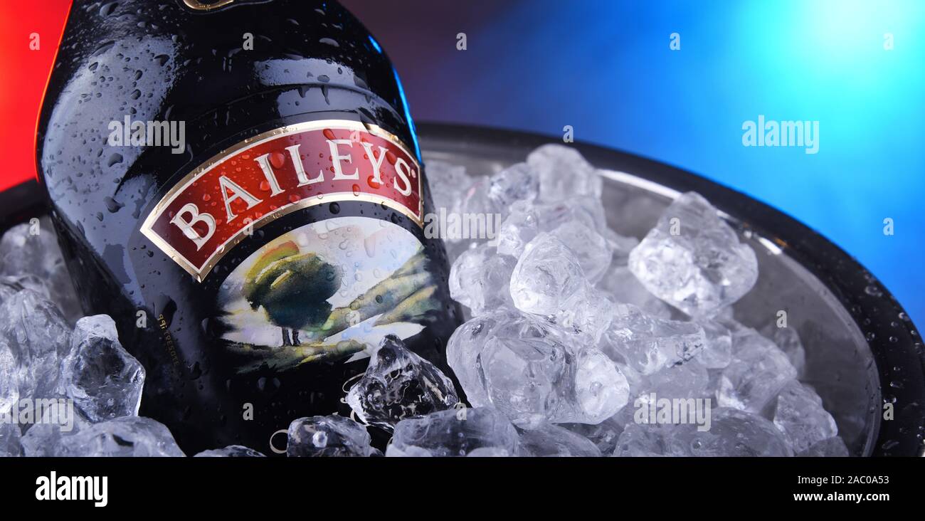POZNAN, POL - NOV 15, 2019: Bottle of Baileys Irish Cream, an Irish whiskey- and cream-based liqueur, made by Gilbeys of Ireland. Brand currently owne Stock Photo