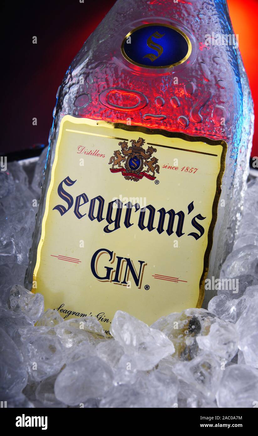 POZNAN, POL - NOV 21, 2019: Bottle of Seagrams Gin, the best selling gin in America, produced since 1939. Stock Photo