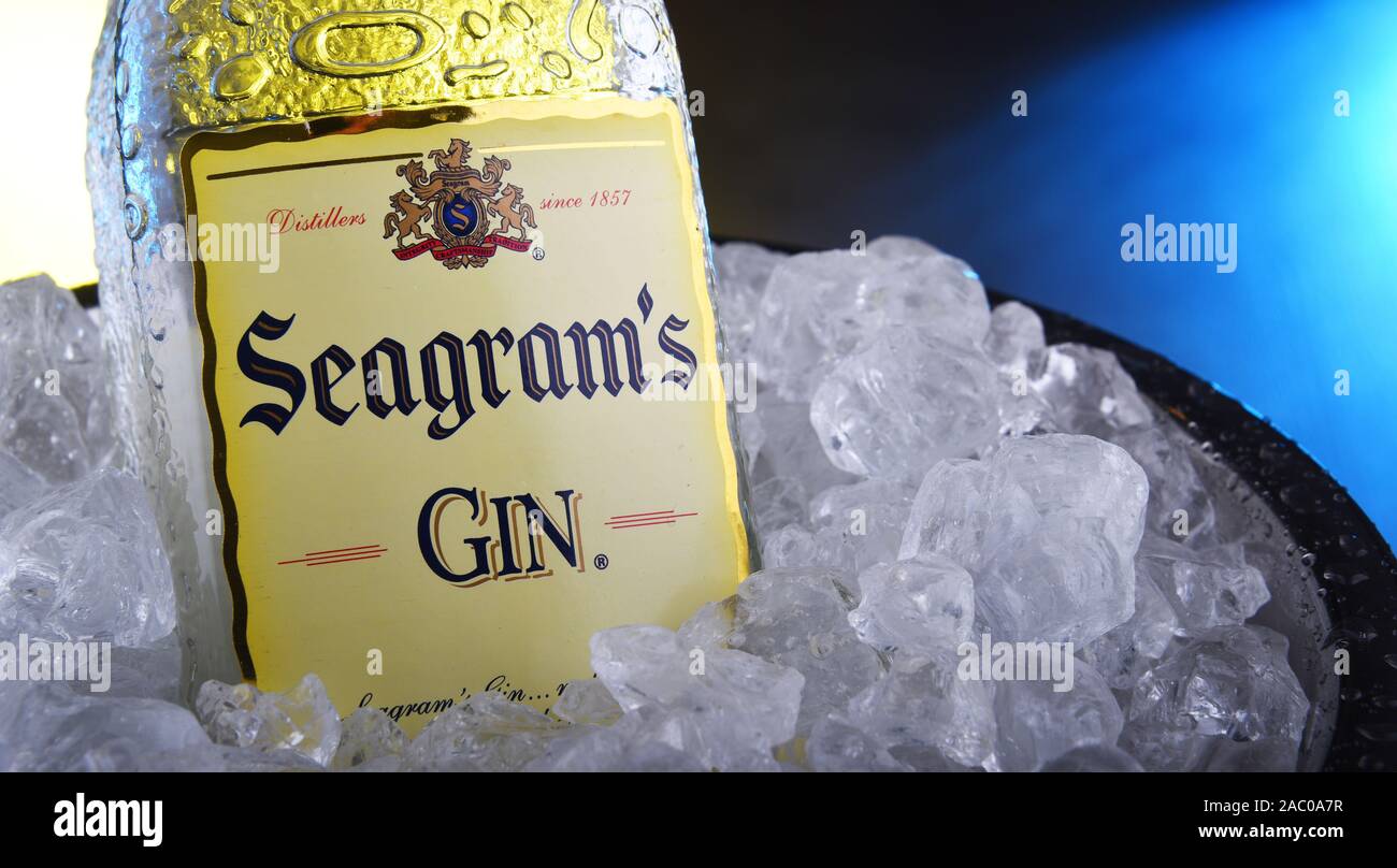 POZNAN, POL - NOV 21, 2019: Bottle of Seagrams Gin, the best selling gin in America, produced since 1939. Stock Photo