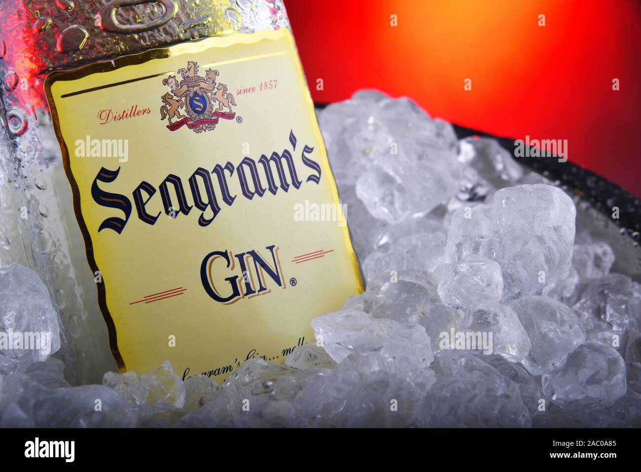 POZNAN, POL - NOV 21, 2019: Bottle of Seagrams Gin, the best selling gin in America, produced since 1939. Stock Photo