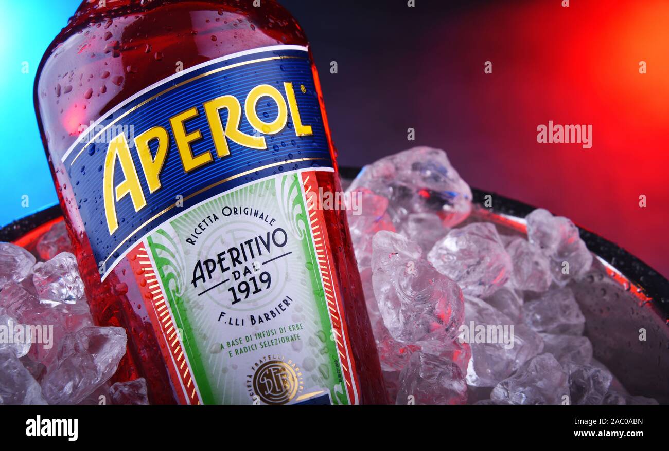 POZNAN, POL - NOV 21, 2019: Bottle of Aperol, an Italian aperitif made of gentian, rhubarb, and cinchona, It is produced by the Campari company. Stock Photo