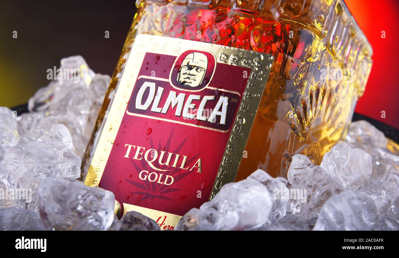 POZNAN, POL NOV 21, 2019 Bottle of Olmeca, popular brand of tequila