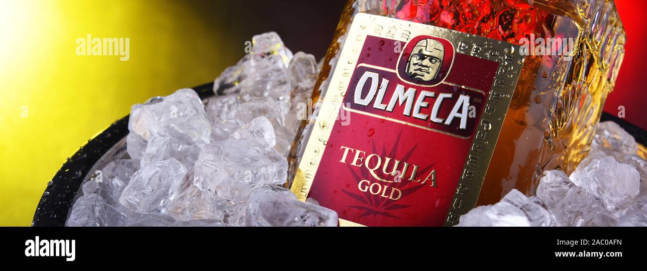 POZNAN, POL NOV 21, 2019 Bottle of Olmeca, popular brand of tequila