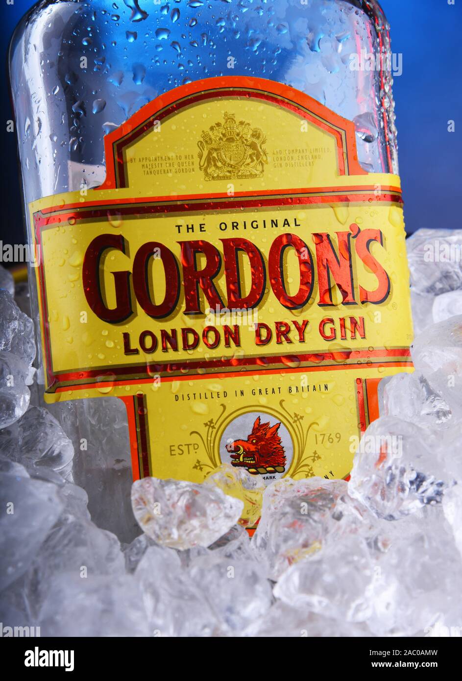 POZNAN, POL - NOV 21, 2019: Bottle of Gordon's London Dry, a brand of the world's best selling London Dry gin. It is owned by the British spirits comp Stock Photo