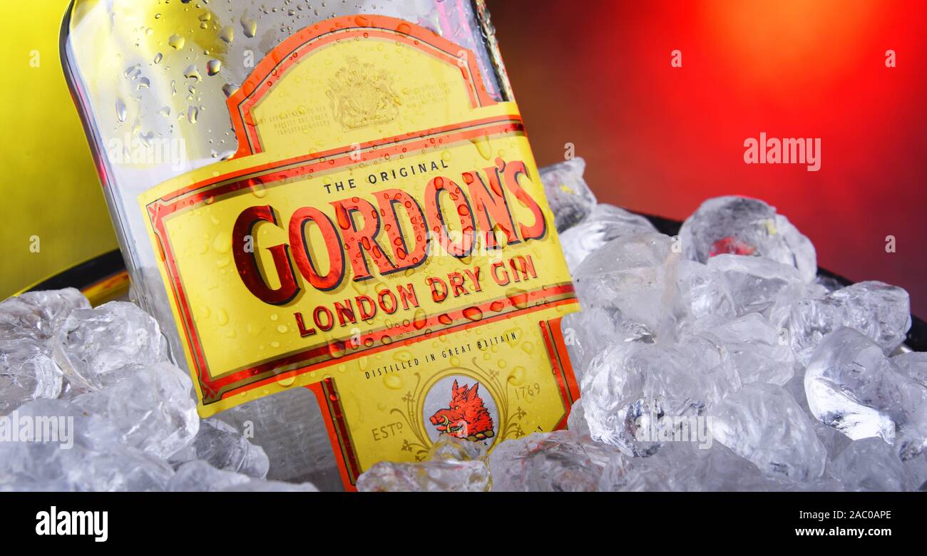 POZNAN, POL - NOV 21, 2019: Bottle of Gordon's London Dry, a brand of the world's best selling London Dry gin. It is owned by the British spirits comp Stock Photo