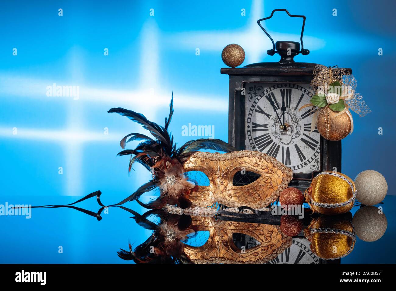 Vintage Clock With Christmas Decorations And Carnival Mask Copy