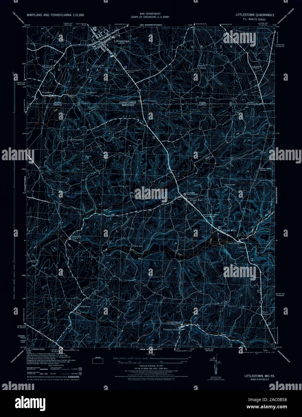 USGS TOPO Map Pennsylvania MD Littlestown 461553 1944 31680 Inverted