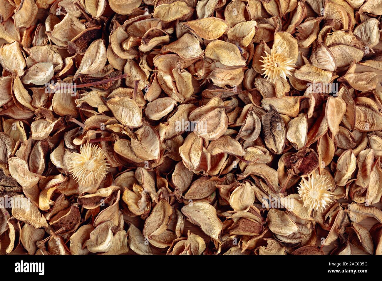 Flavored potpourri leaves. Dry potpourri leaves closeup. Top view