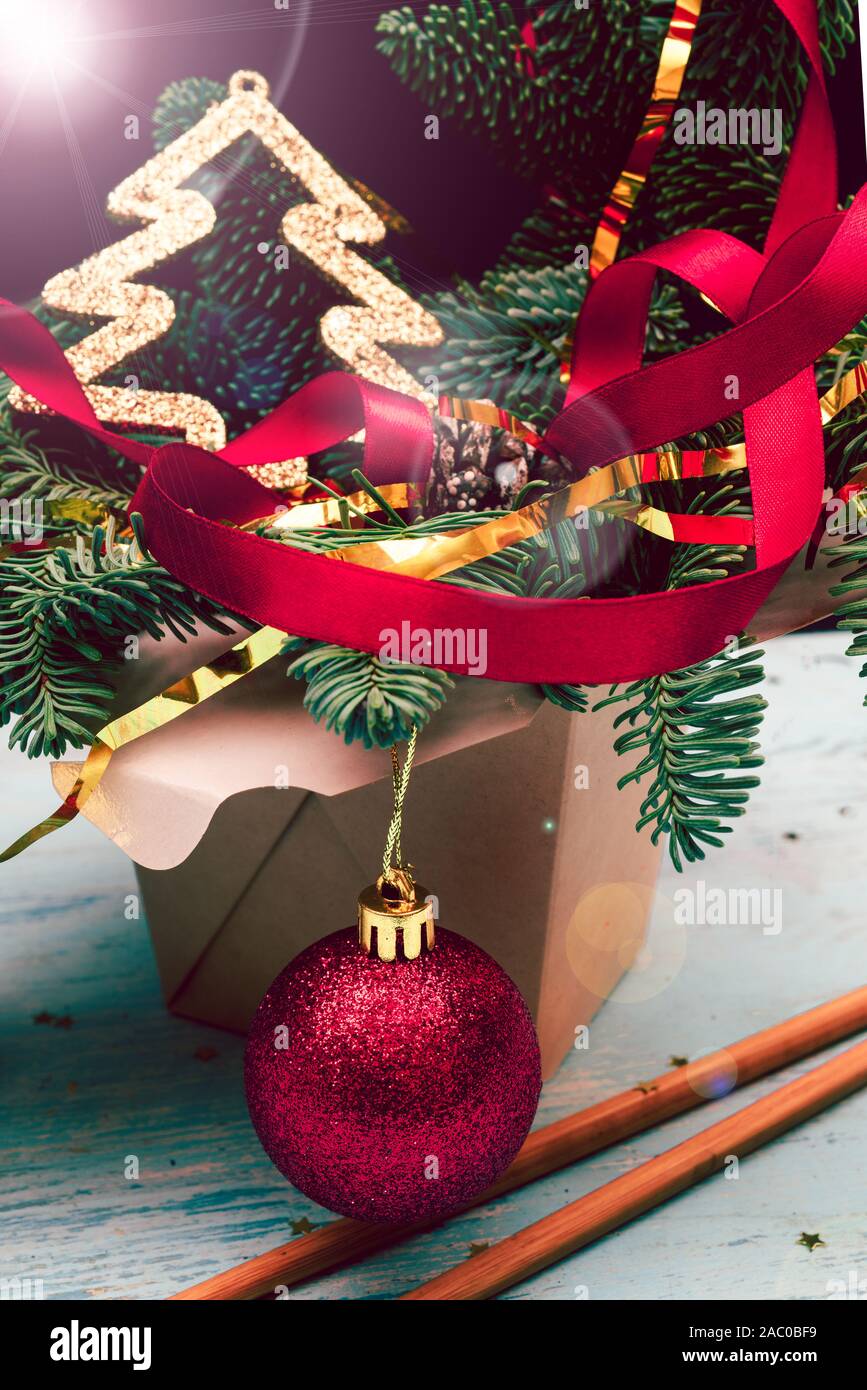Christmas Composition Wok Paper Box Christmas Tree And Decorations Stock Photo Alamy