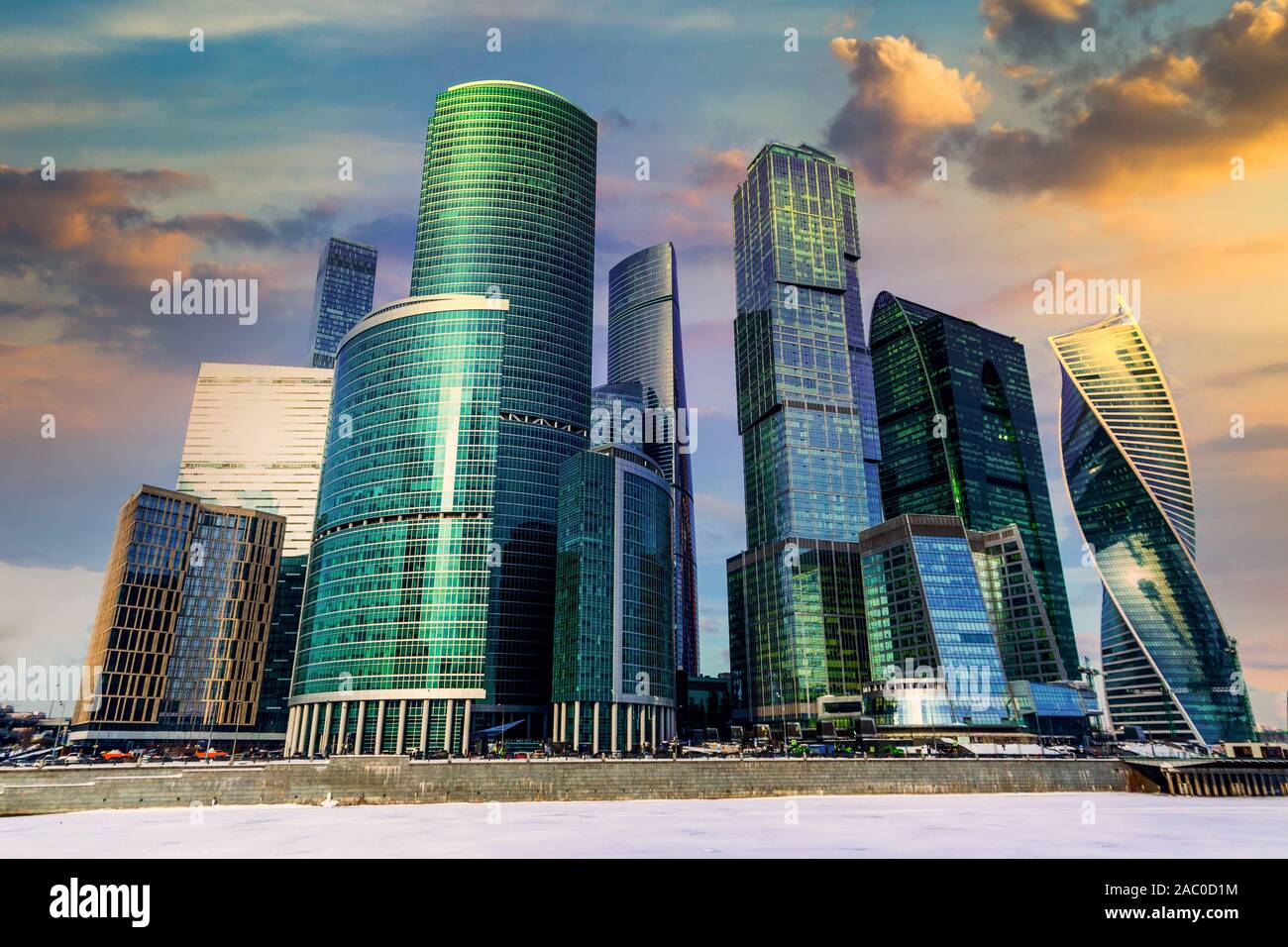 Modern skyscrapers of Moscow-City on the bank Moskva river at sunset. Stock Photo