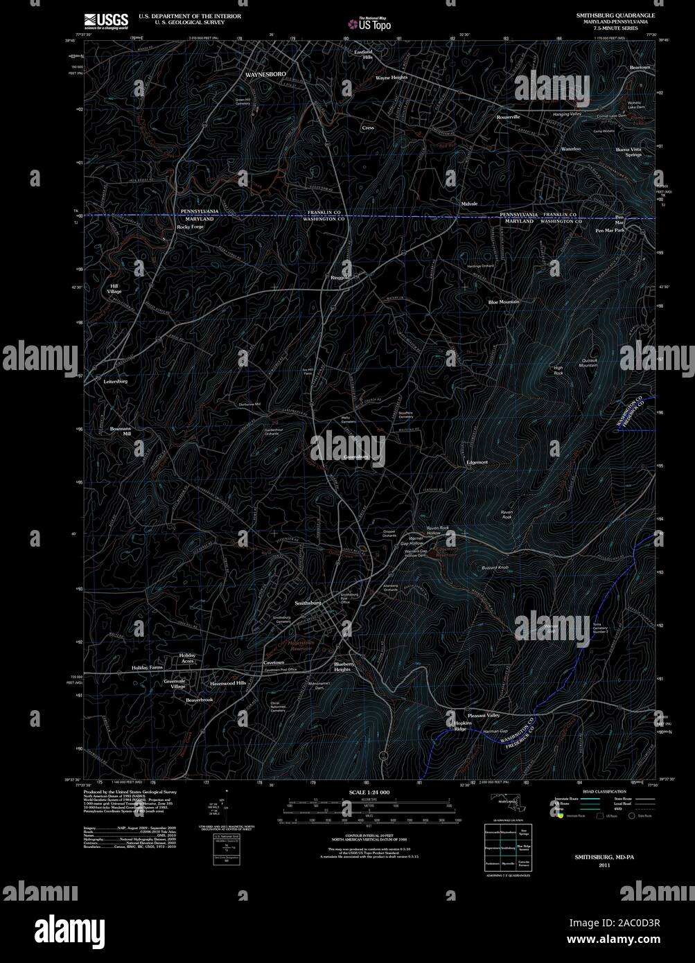 USGS TOPO Map Pennsylvania MD Smithsburg 20110706 TM Inverted Restoration Stock Photo