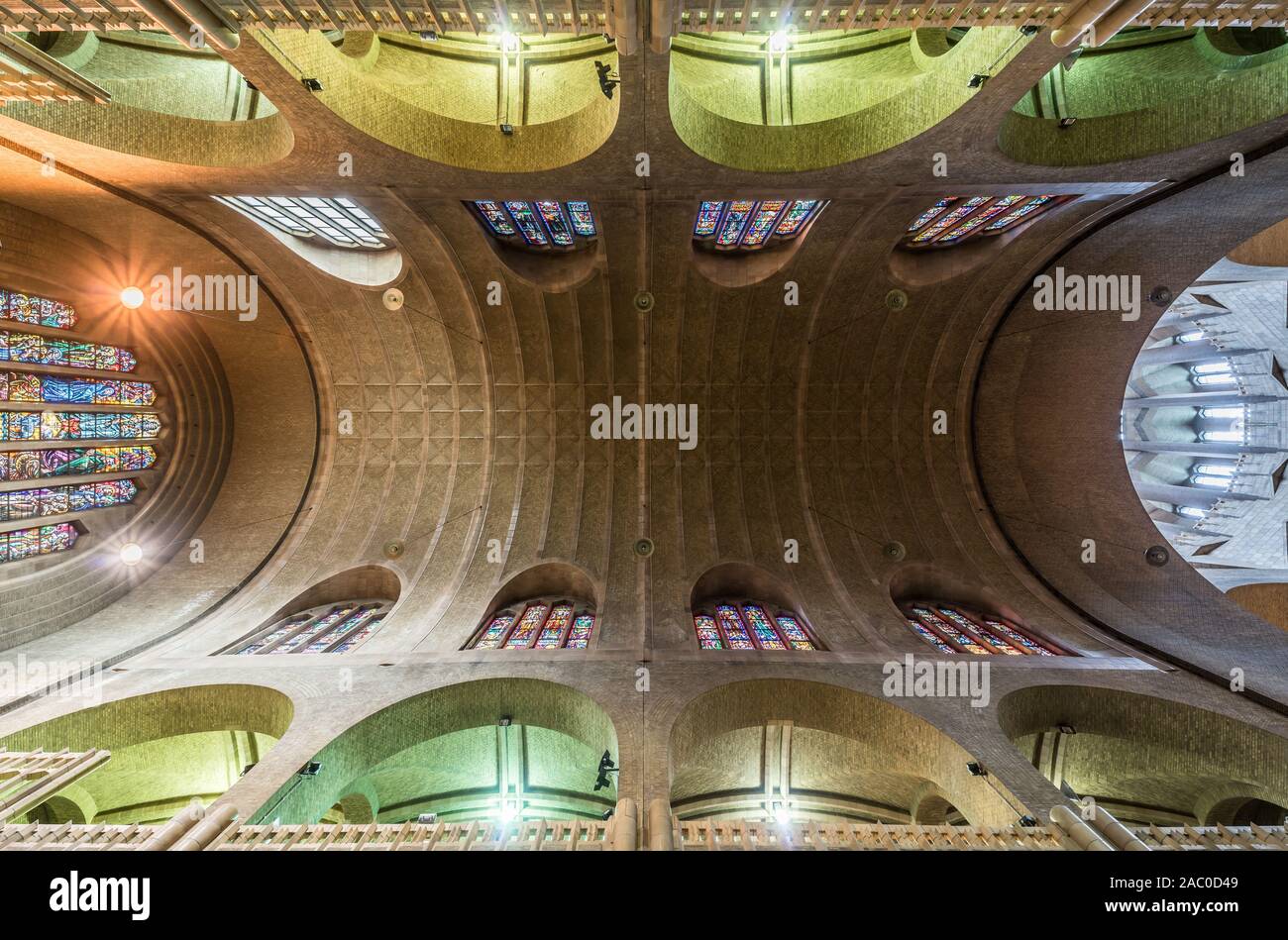 Art deco interior design with stained glass of the Catholic Basilica of the Sacred Heart- view from the floor to the ceiling Stock Photo