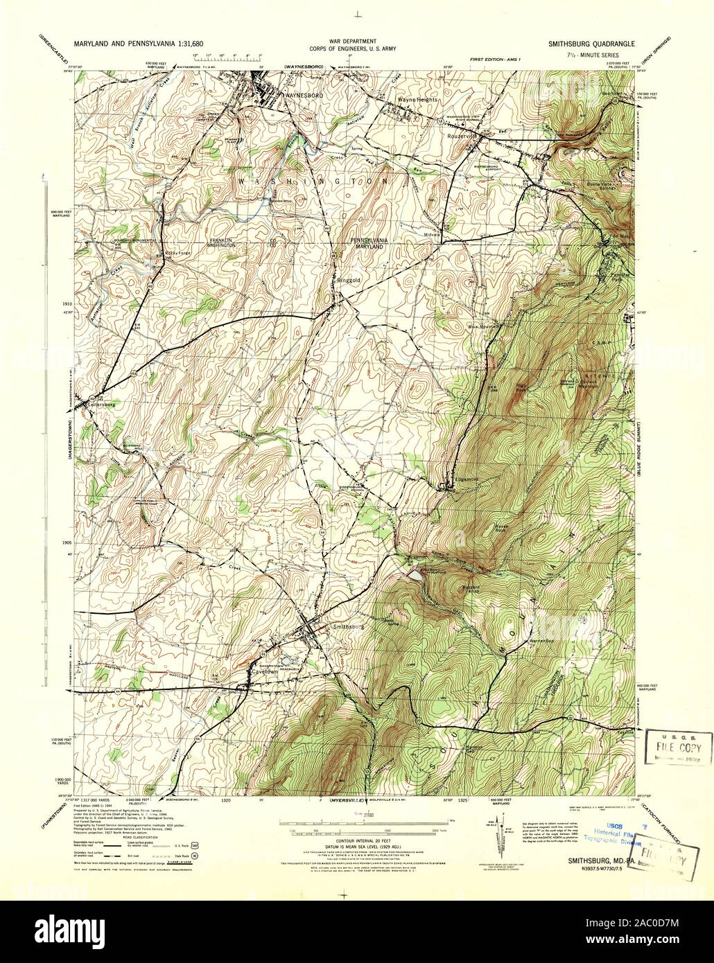 USGS TOPO Map Pennsylvania MD Smithsburg 257211 1944 31680 Restoration Stock Photo