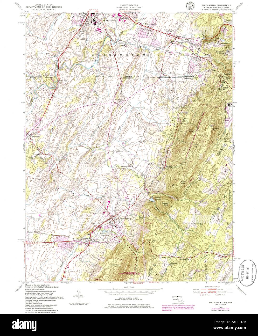 USGS TOPO Map Pennsylvania MD Smithsburg 256858 1953 24000 Restoration Stock Photo