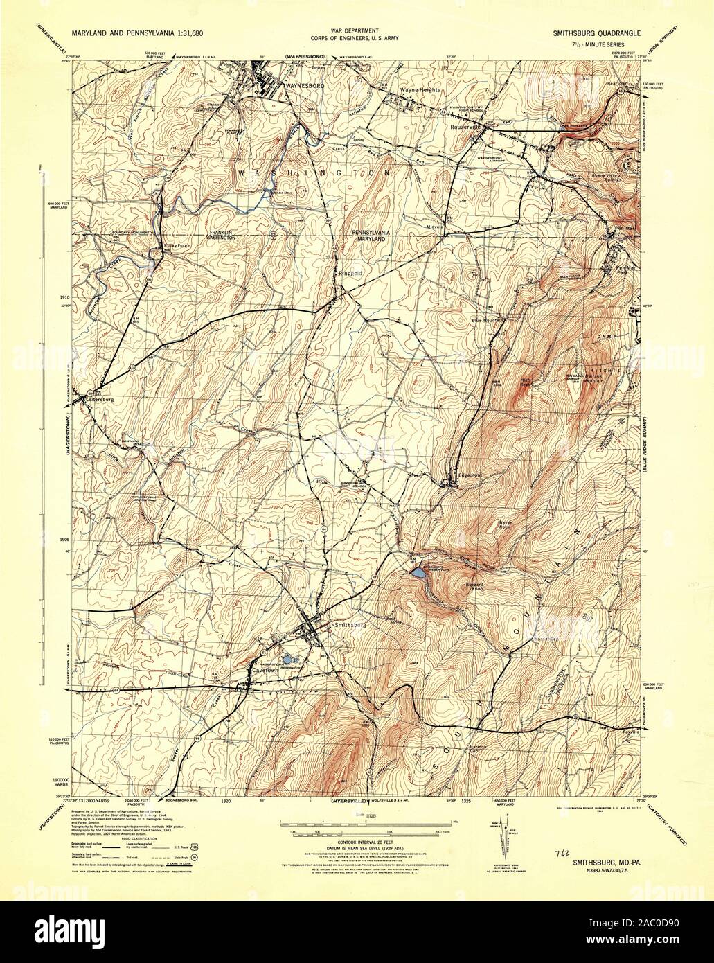 USGS TOPO Map Pennsylvania MD Smithsburg 257212 1944 31680 Restoration Stock Photo