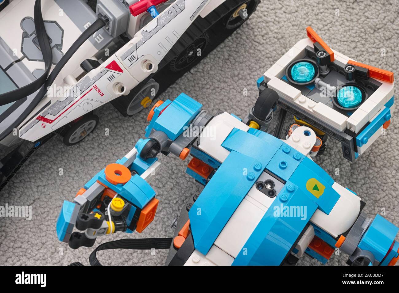 Tambov, Russian Federation - November 20, 2019 Lego Boost Vernie the Robot and Mindstorms EV3 Robot. Close up. Stock Photo