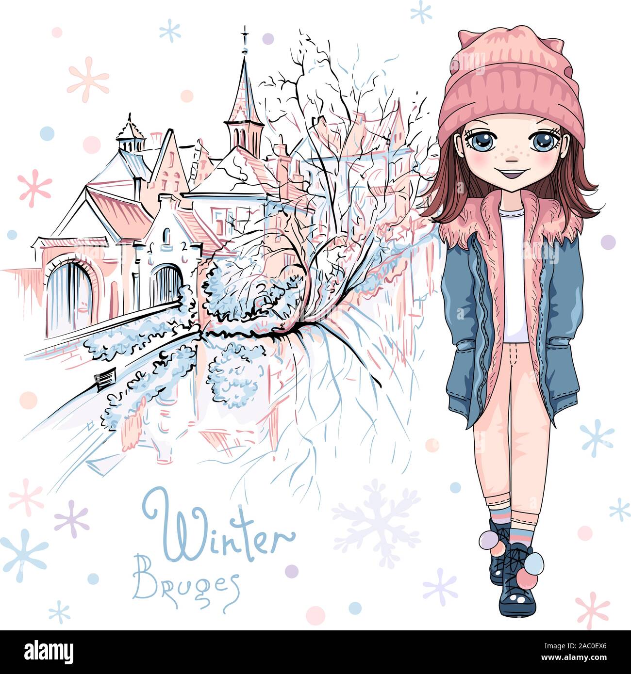 Vector Cute Baby Girl In Winter Clothes On Bruges Canal With