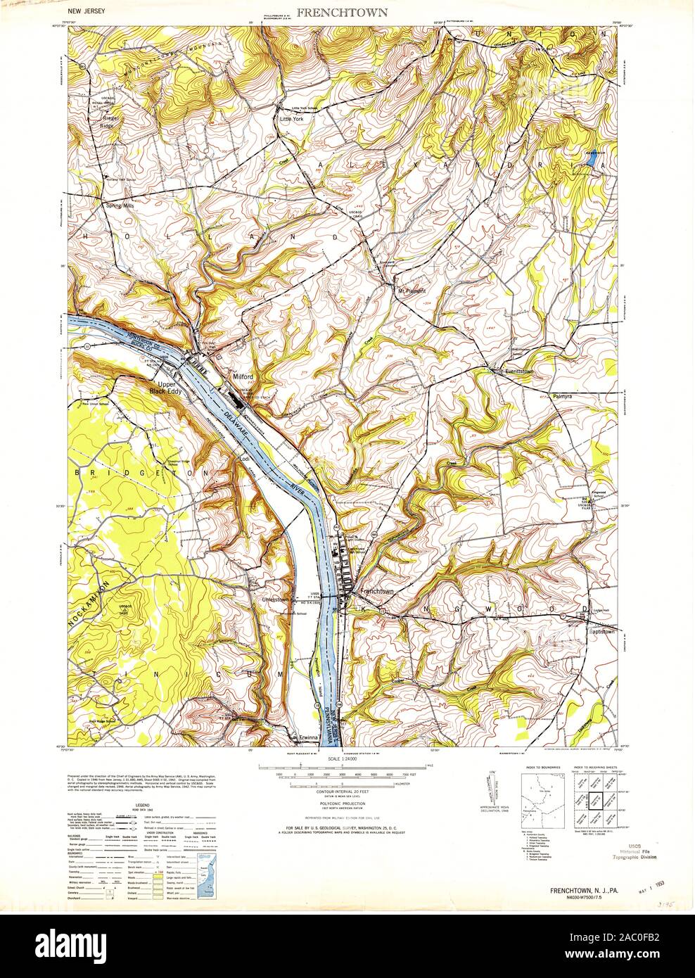 USGS TOPO Map Pennsylvania NJ Frenchtown 254409 1953 24000 Restoration Stock Photo