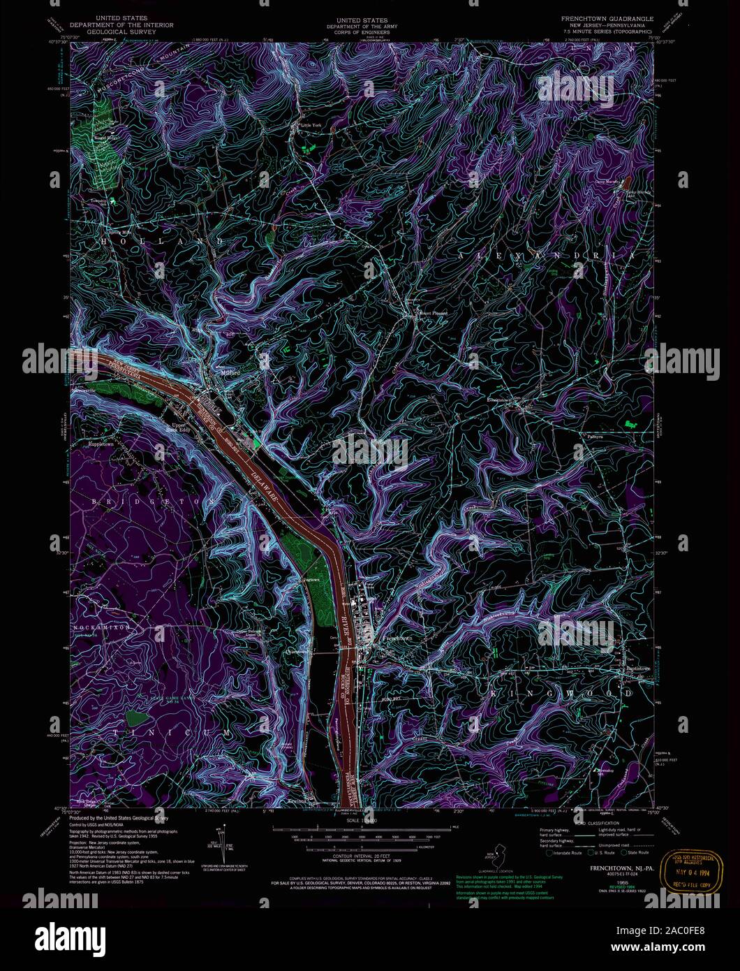 USGS TOPO Map Pennsylvania NJ Frenchtown 254416 1955 24000 Inverted Restoration Stock Photo