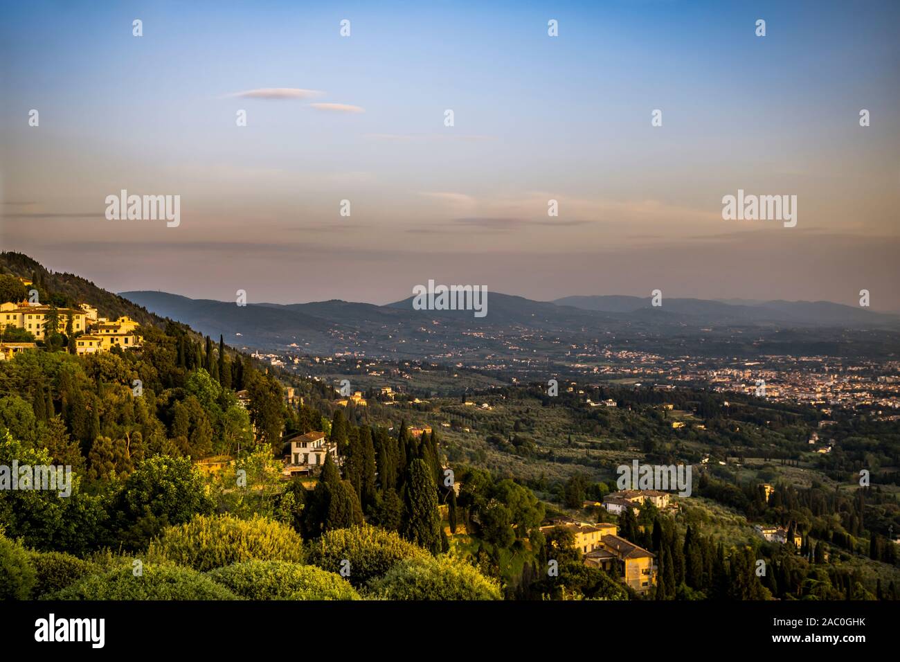 Tuscany. Panorama on the Tuscan Landscape at Sunset - view from Fiesole near Florence. Italy Stock Photo