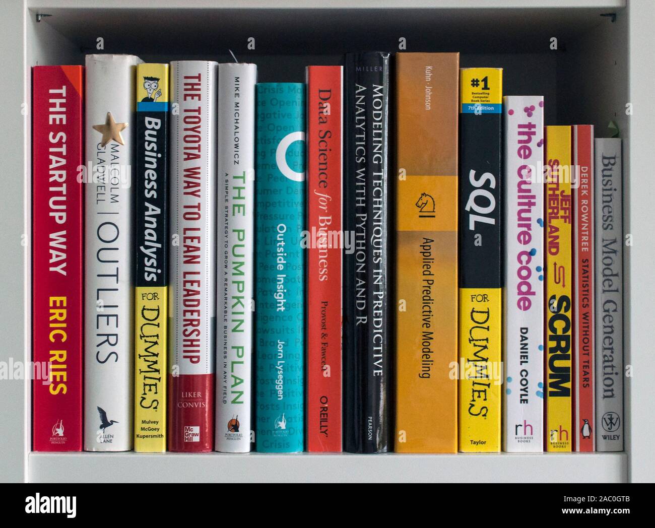A shelf full of business books in an office or a home library. Topics of data, startups, leadership, statistics, general business Stock Photo