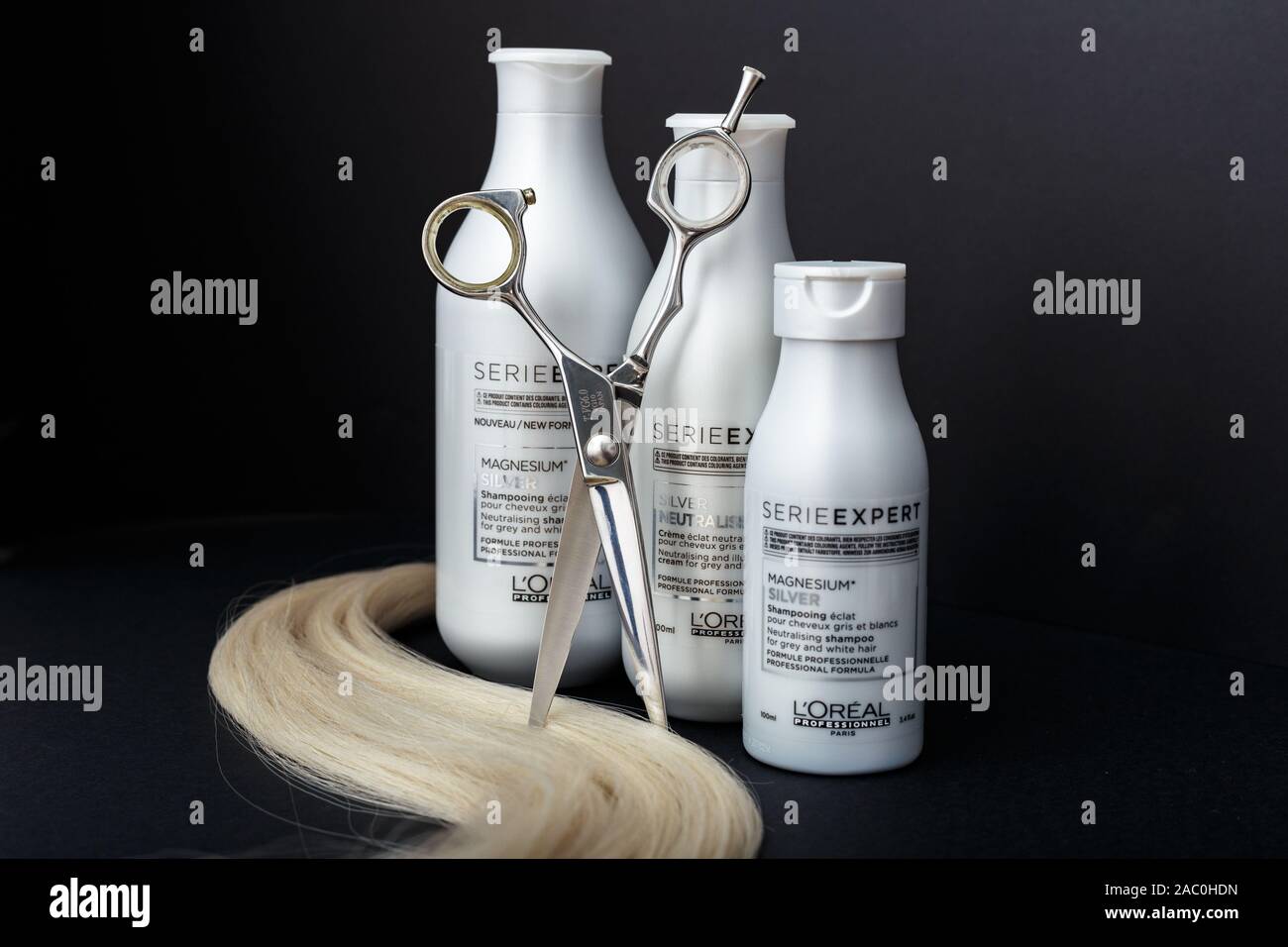 L'oreal professionnel Paris Serie Expert Silver hair professional products. Loreal shampoo cream mask for grey white hair. Professional hairdresser  Stock Photo - Alamy