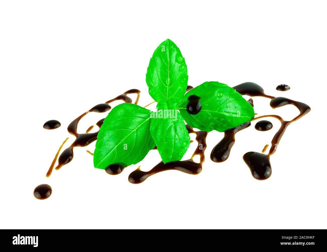 Italian cuisine food concept. Fresh basil leaf with balsamic vinegar drops on white background Stock Photo