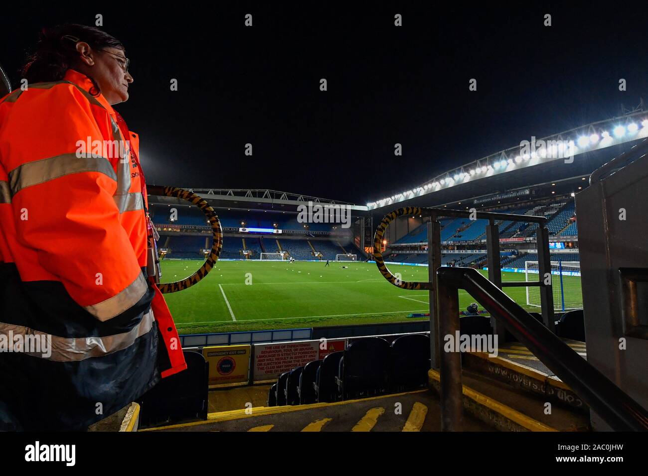 27th November 2019, Ewood Park, Blackburn, England; Sky Bet Championship, Blackburn Rovers v Brentford : A matchday steward awaits the arrival of the home supporters at Ewood Park Credit: Simon Whitehead/News Images Stock Photo