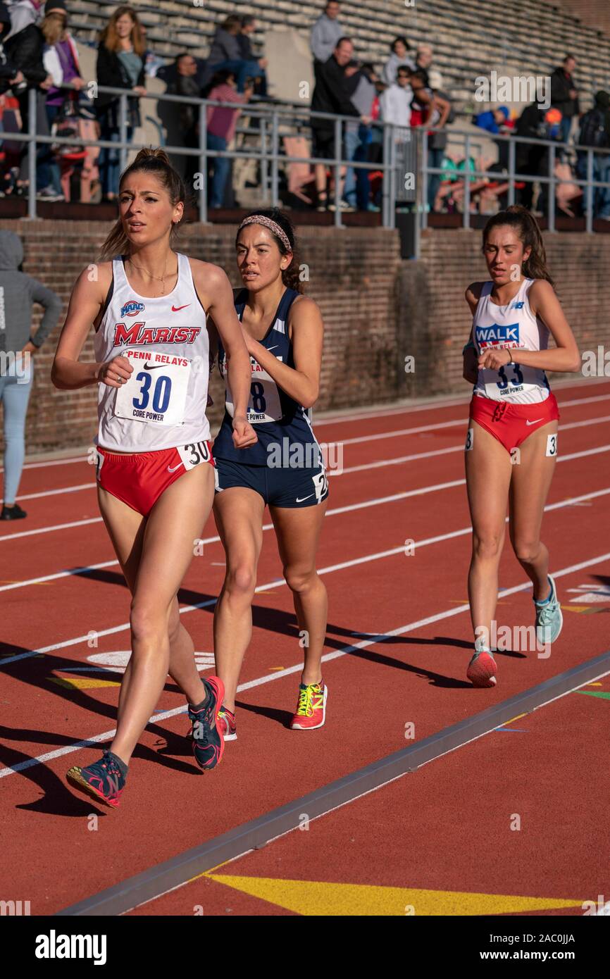 Lauren Harris #30, Anali Cisneros #28, and Kayla Shapiro #33 competing in the Olympic Development Women's 5K Racewalk at the 2019 Penn Relay Stock Photo