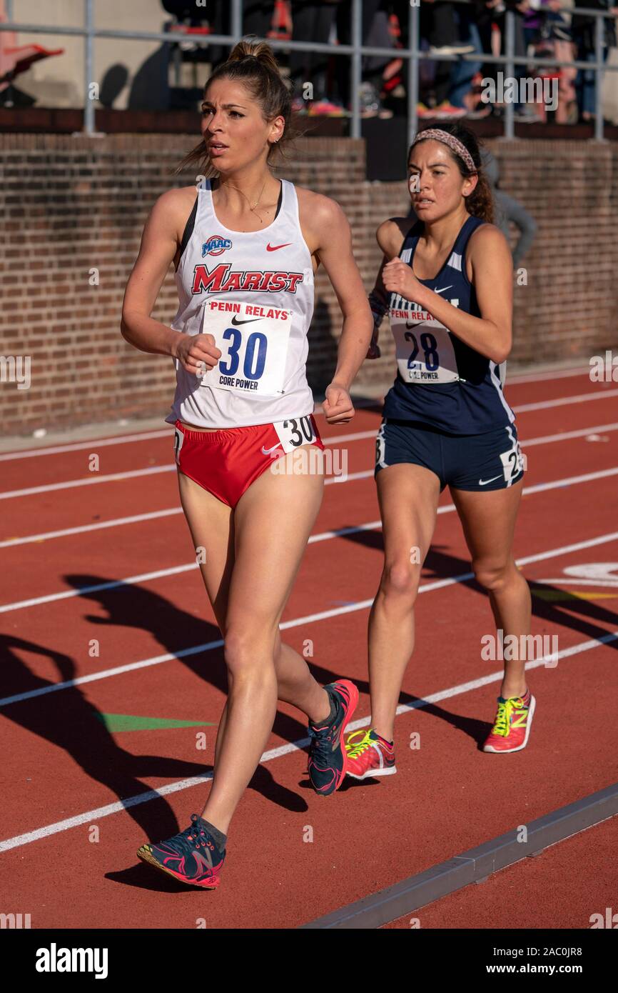 Lauren Harris #30, and Anali Cisneros #28, competing in the Olympic Development Women's 5K Racewalk at the 2019 Penn Relay Stock Photo