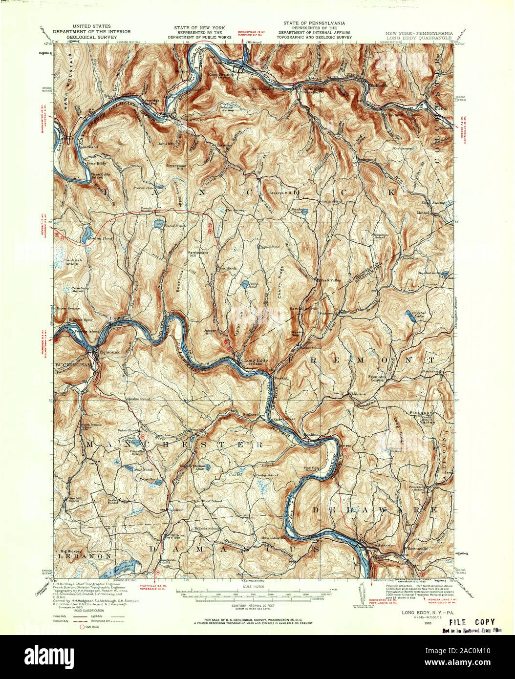 USGS TOPO Map Pennsylvania NY Long Eddy 130328 1920 62500 Restoration Stock Photo