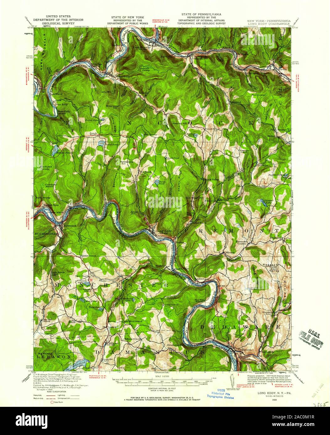 USGS TOPO Map Pennsylvania NY Long Eddy 130330 1920 62500 Restoration Stock Photo