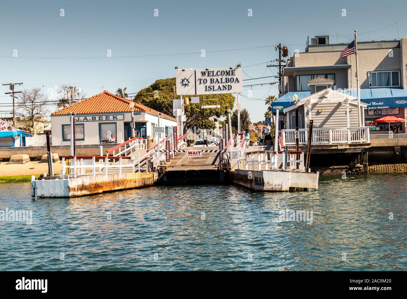 Balboa Island Ferry landing stage on Balboa Island, Newport Beach California USA Stock Photo