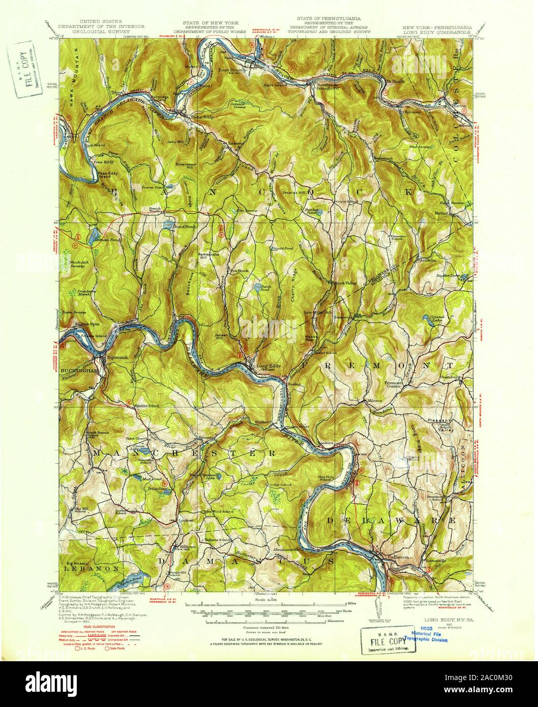 USGS TOPO Map Pennsylvania NY Long Eddy 130331 1920 62500 Restoration Stock Photo