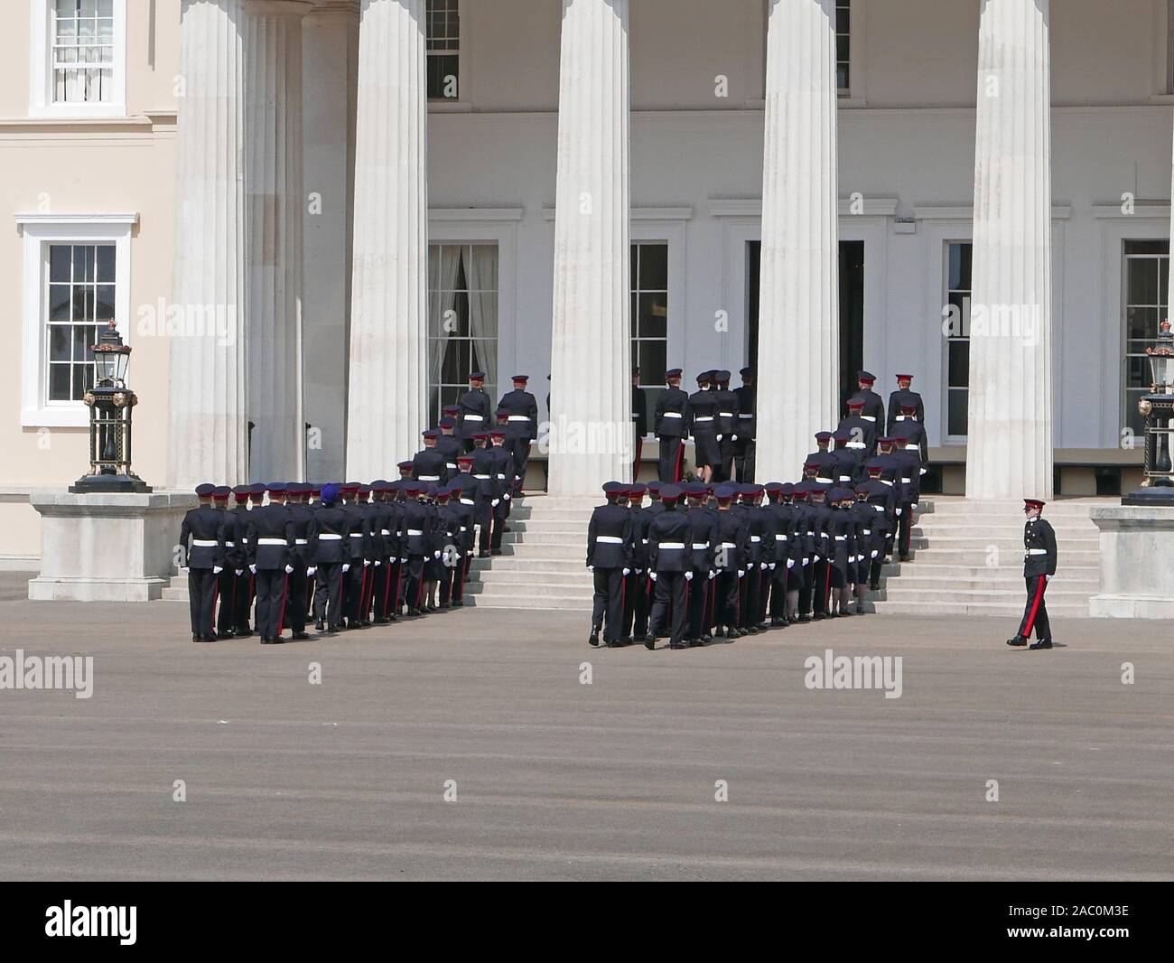 Sandhurst Military Academy parade in front of the old college bulding in Surrey Stock Photo