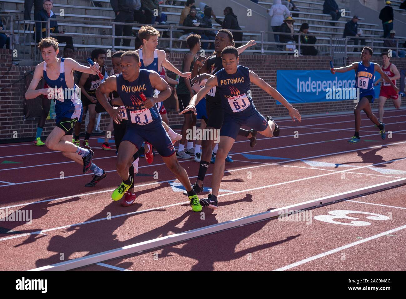 High School boys 4x400 runners competing at the 2019 Penn Relay Stock